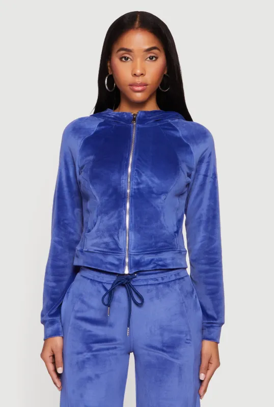Velour Long Sleeve Solid Zip Front Hoodie sold by Rainbow
