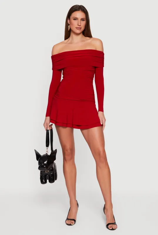 Ruched Fold Over Off the Shoulder Tiered Skater Dress sold by Rainbow