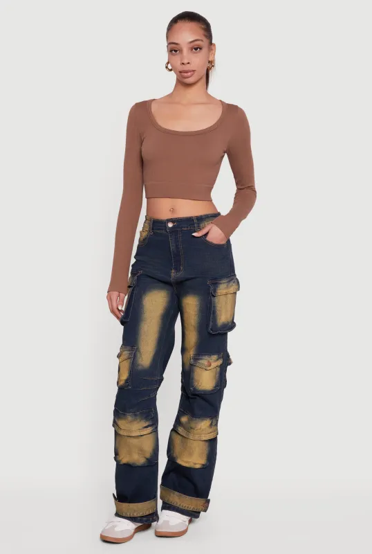 Bleached Detail Mid Rise Wide Leg Cargo Pocket Jeans sold by Rainbow