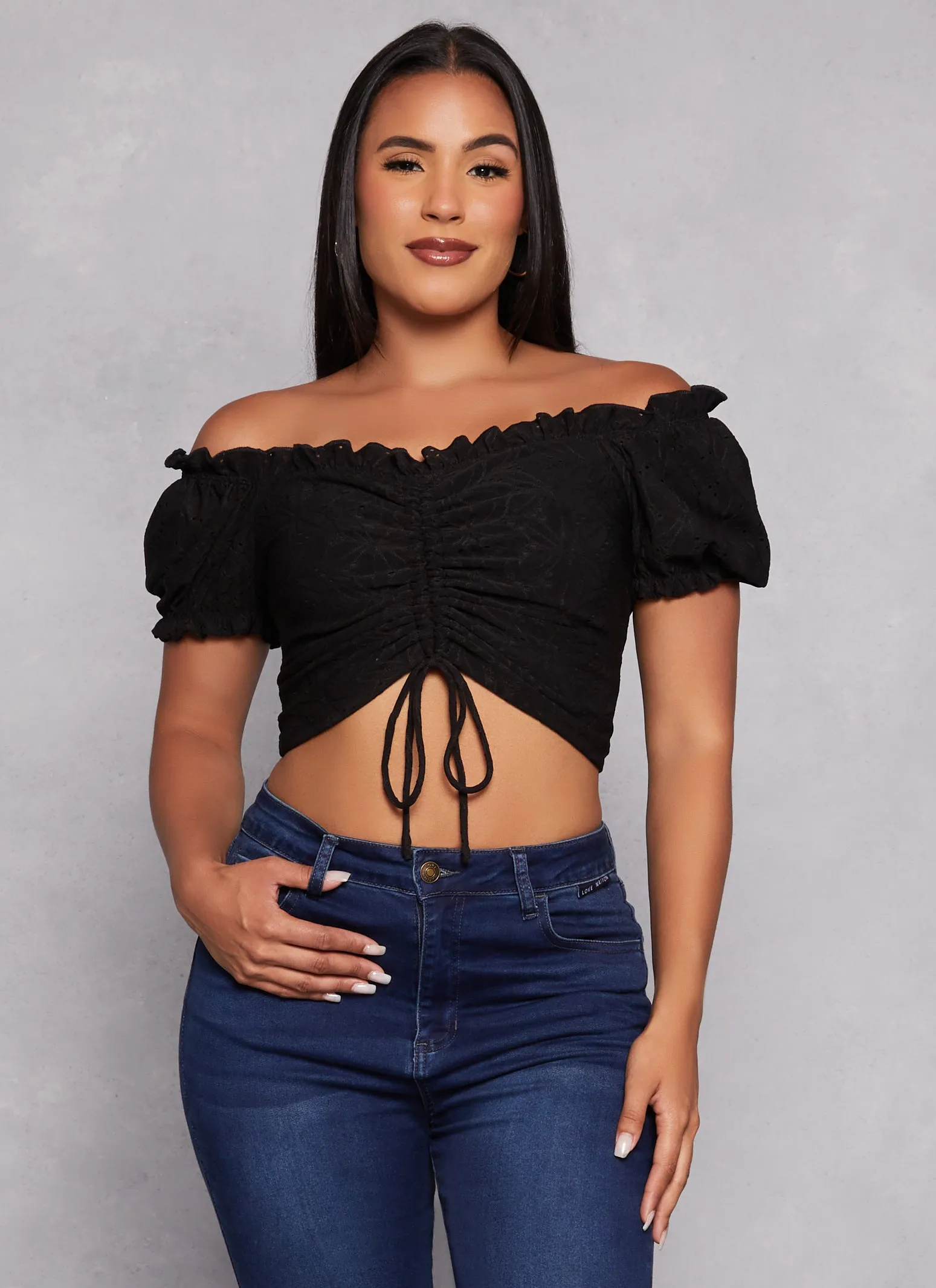 Eyelet Ruched Front Peasant Top sold by Rainbow