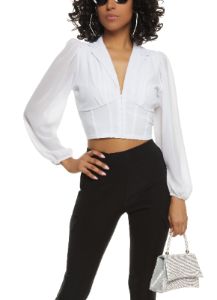 Pleated Button Front Crop Blouse sold by Rainbow