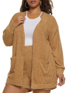 Plus Size Cozy Eyelash Knit Pocket Cardigan sold by Rainbow