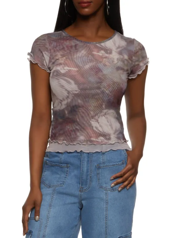 Double Layer Printed Mesh Lettuce Hem Tee sold by Rainbow