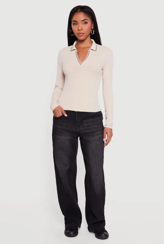 Contrast Trim Ribbed Knit Polo Shirt sold by Rainbow