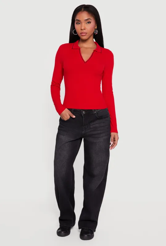 Contrast Trim Ribbed Knit Polo Shirt sold by Rainbow