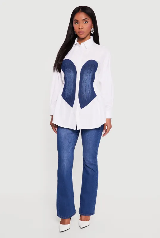 Denim Corset Detail Button Down Long Sleeve Blouse sold by Rainbow