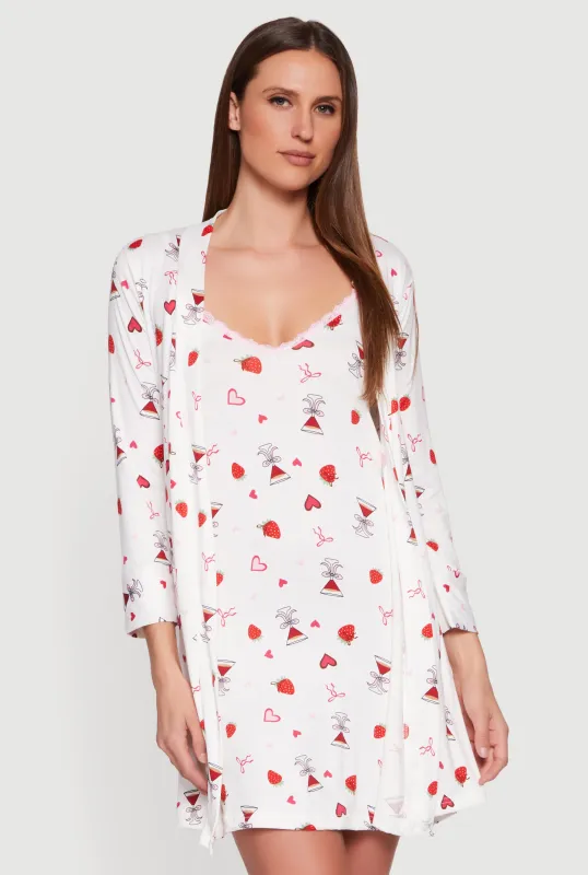 Strawberry Martini Print Cami Nightgown with Robe sold by Rainbow