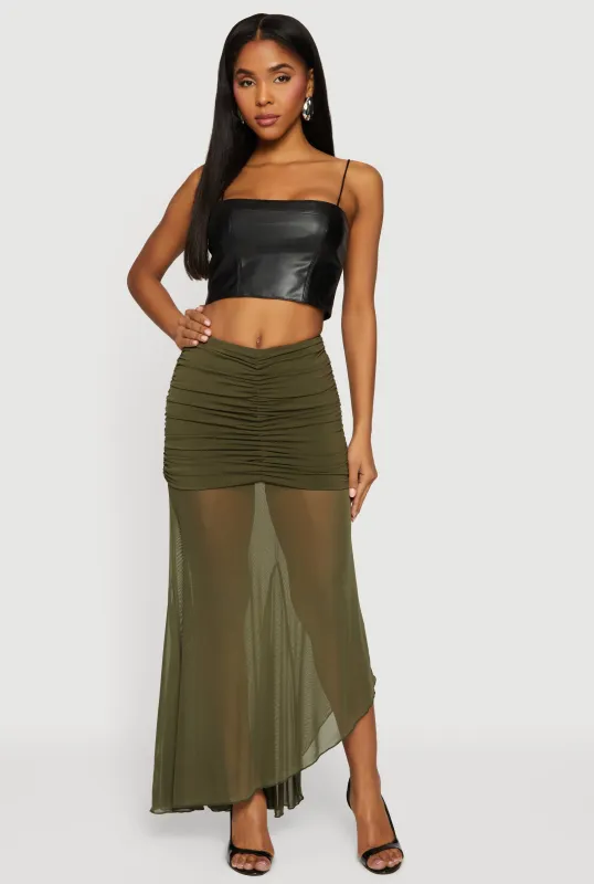 Asymmetrical Ruffle Trim Ruched Maxi Skirt made by Rainbow