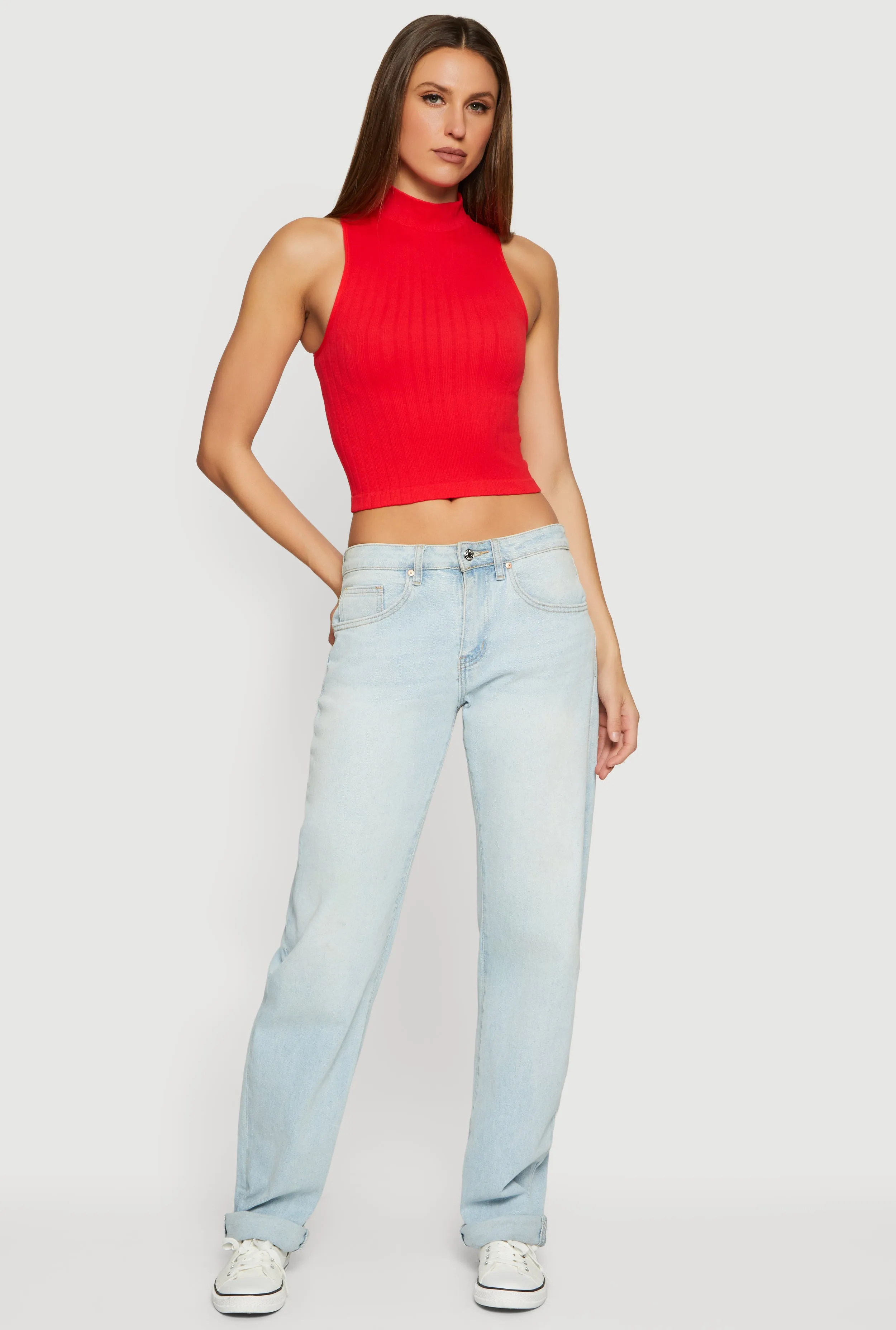Seamless Ribbed Knit Mock Neck Crop Tank Top sold by Rainbow