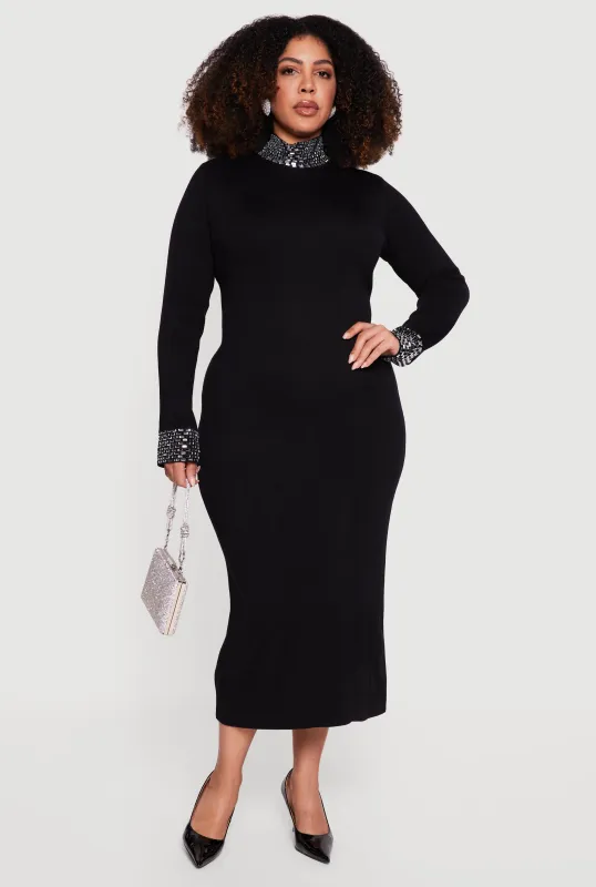 Plus Size Almost Famous Rhinestone Trim Sweater Dress sold by Rainbow