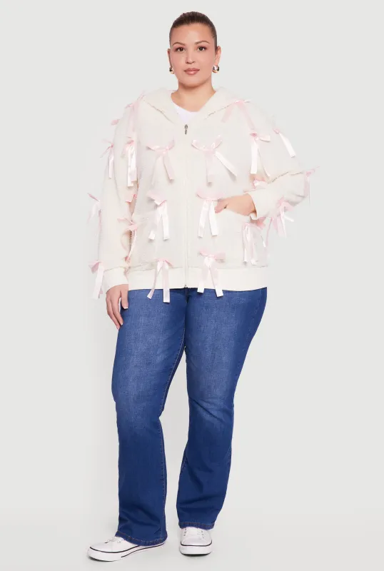 Plus Size Sherpa Hooded Zip Front Bow Jacket sold by Rainbow