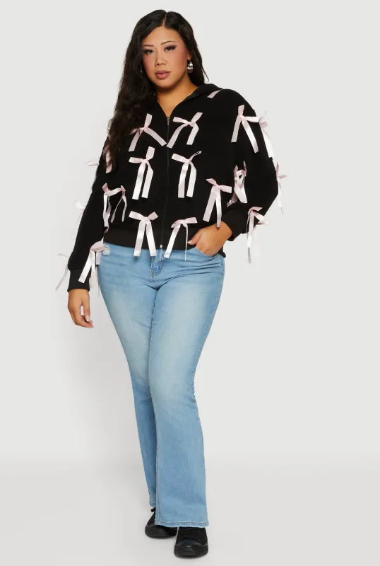 Plus Size Sherpa Hooded Zip Front Bow Jacket sold by Rainbow