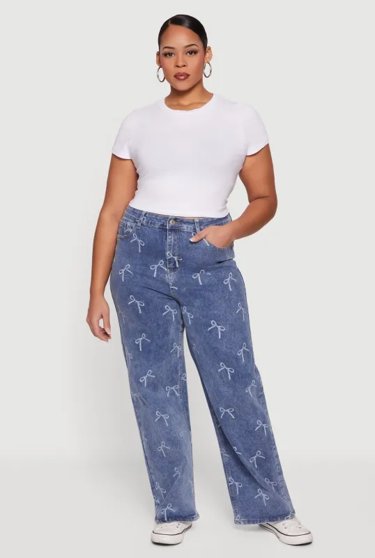 Plus Size High Waisted Bow Print Jeans sold by Rainbow