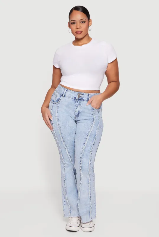 Plus Size Frayed Trim Acid Wash Flare Jeans sold by Rainbow