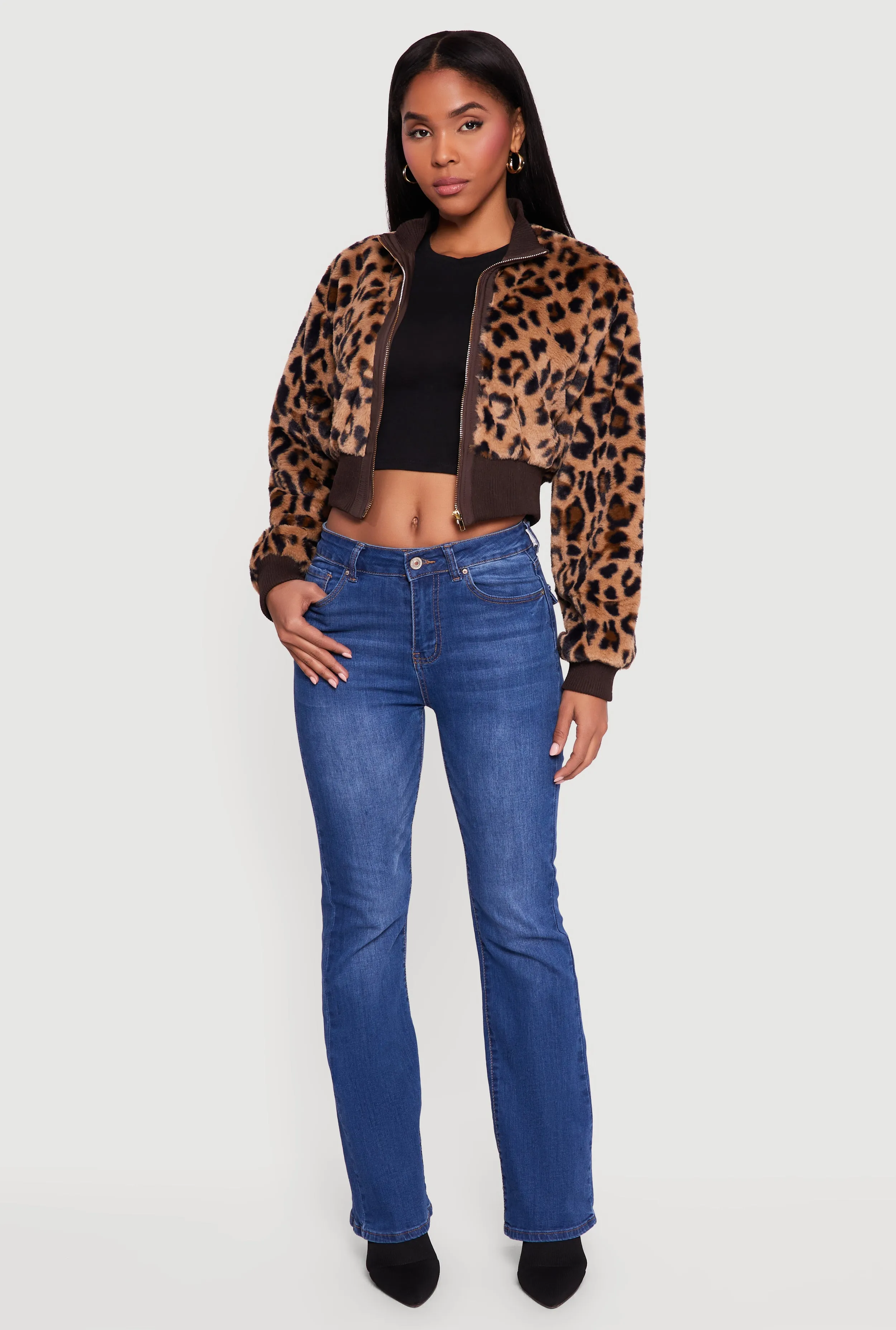 Animal Print Faux Fur Cropped Zip Front Bomber Jacket sold by Rainbow product image thumbnail 2