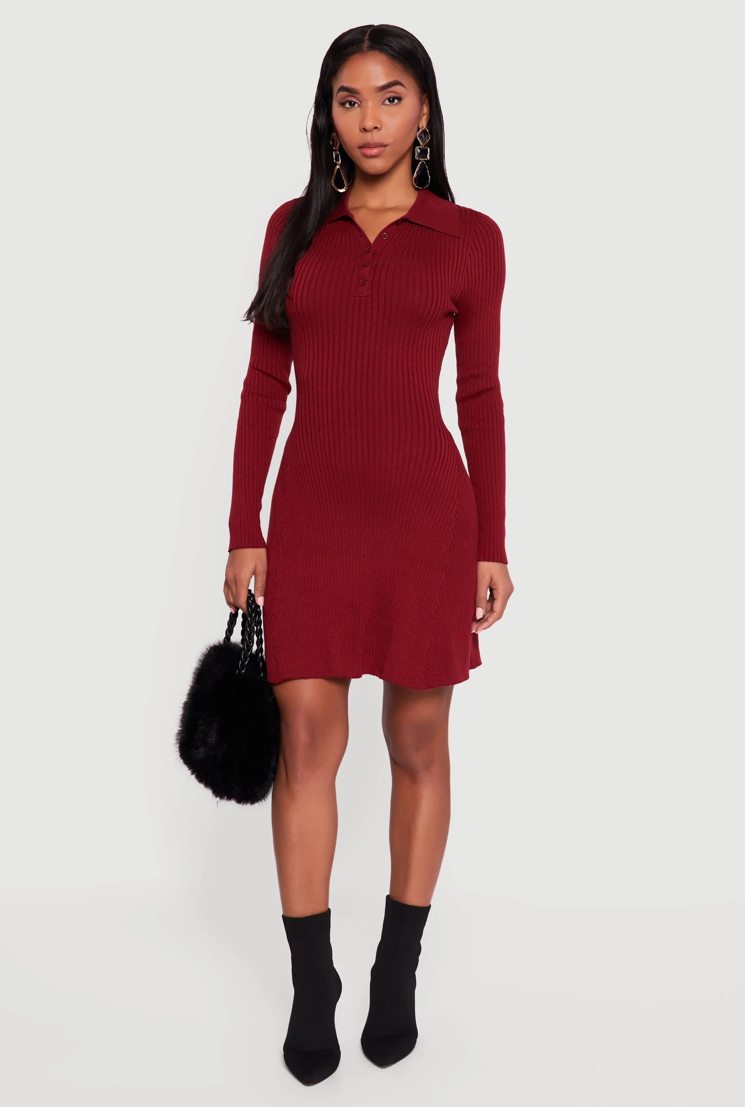 Rib Knit Long Sleeve Polo Sweater Dress sold by Rainbow
