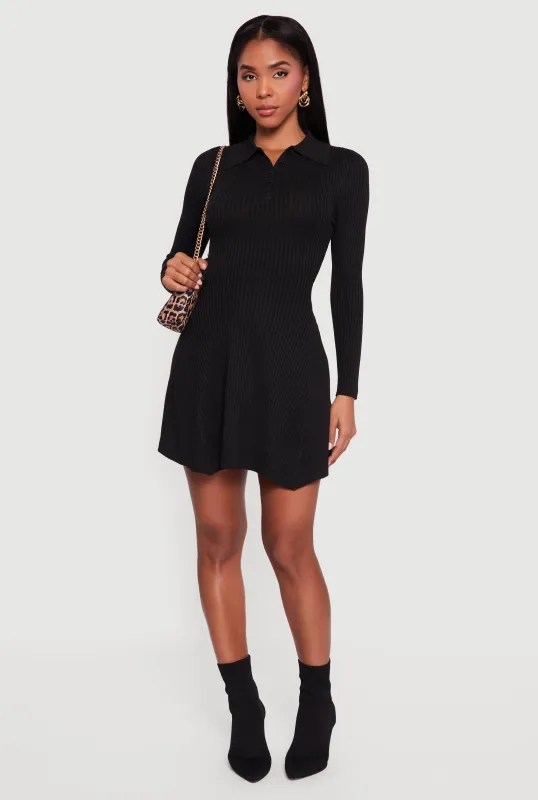 Rib Knit Long Sleeve Polo Sweater Dress sold by Rainbow
