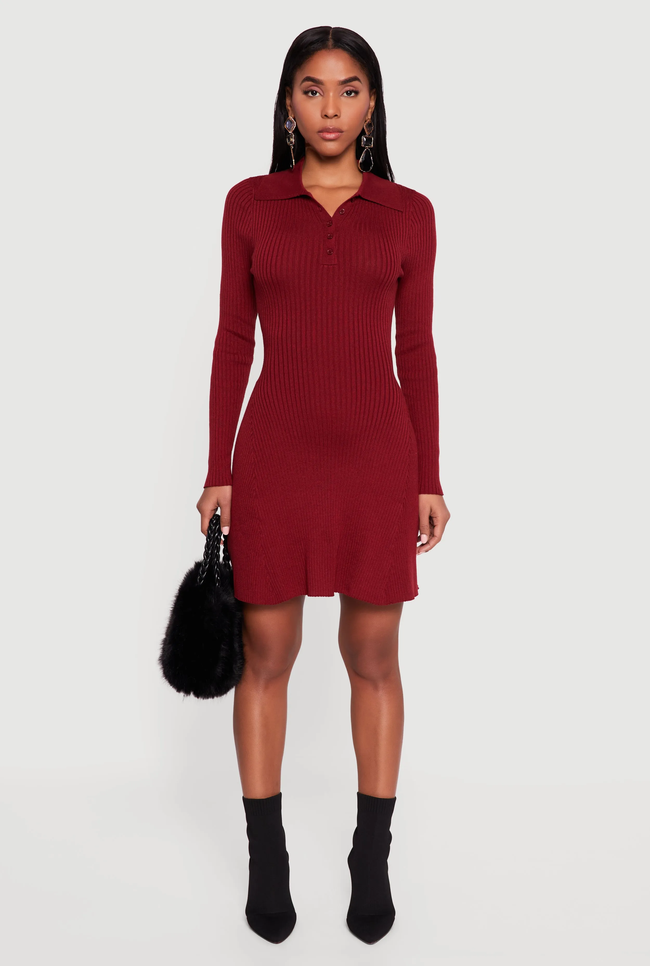 Rib Knit Long Sleeve Polo Sweater Dress sold by Rainbow product image thumbnail 2