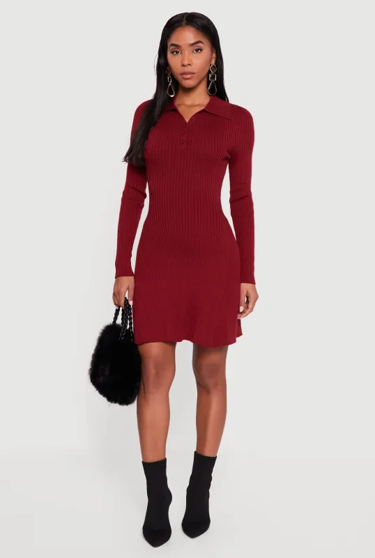 Rib Knit Long Sleeve Polo Sweater Dress sold by Rainbow