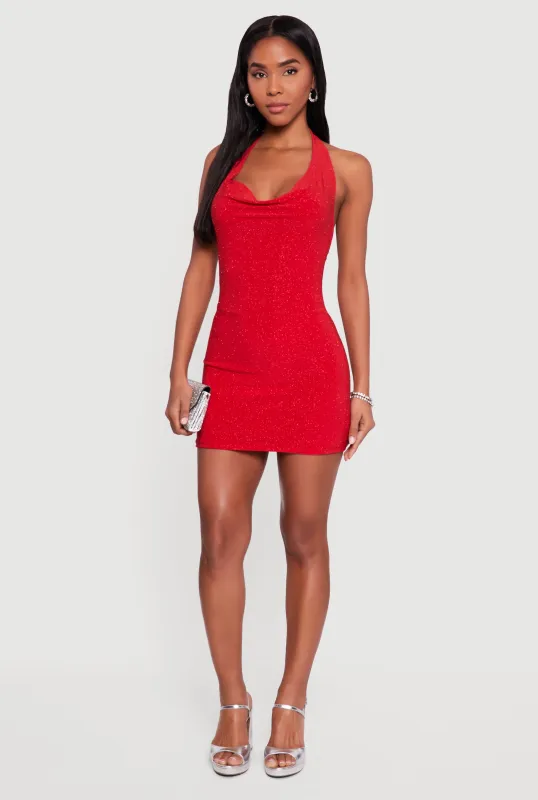 Glittery Cowl Neck Tie Back Halter Dress sold by Rainbow