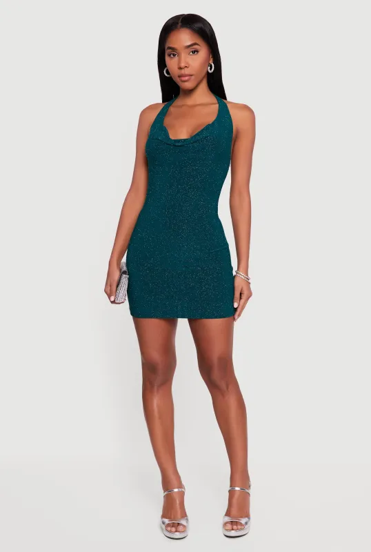 Glittery Cowl Neck Tie Back Halter Dress made by Rainbow