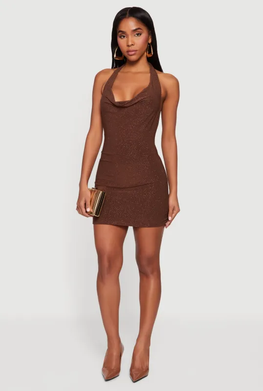 Glittery Cowl Neck Tie Back Halter Dress made by Rainbow