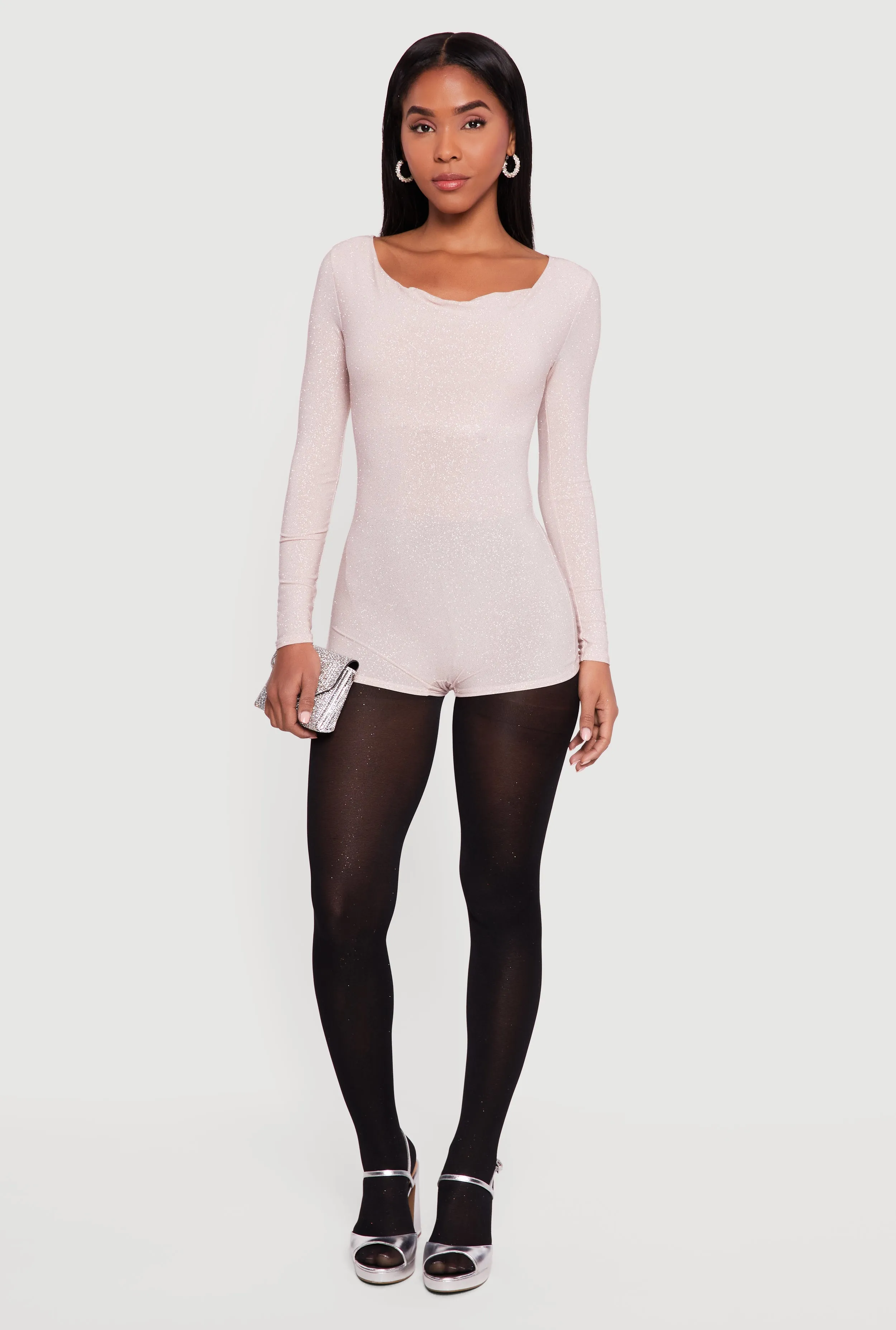 Glittery Long Sleeve Cowl Neck Romper sold by Rainbow