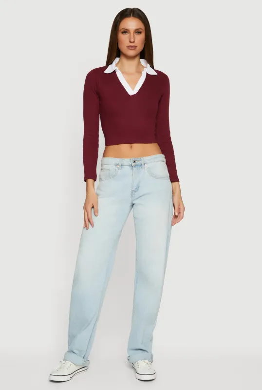 Contrast Trim Ribbed Knit Cropped Polo Shirt sold by Rainbow