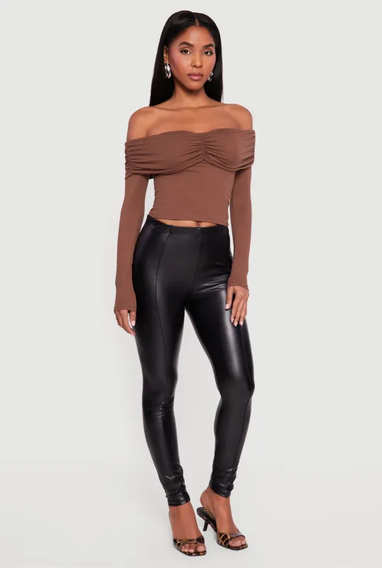 Ruched Fold Over Long Sleeve Off the Shoulder Top sold by Rainbow