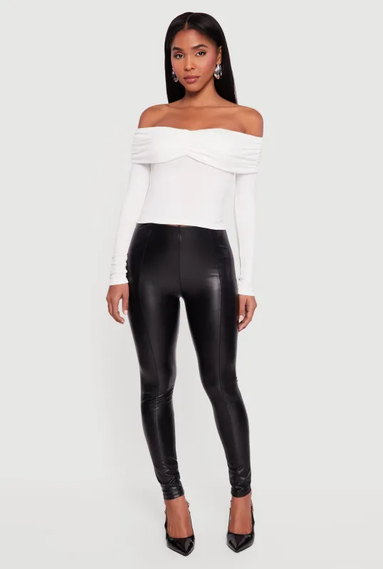 Ruched Fold Over Long Sleeve Off the Shoulder Top sold by Rainbow