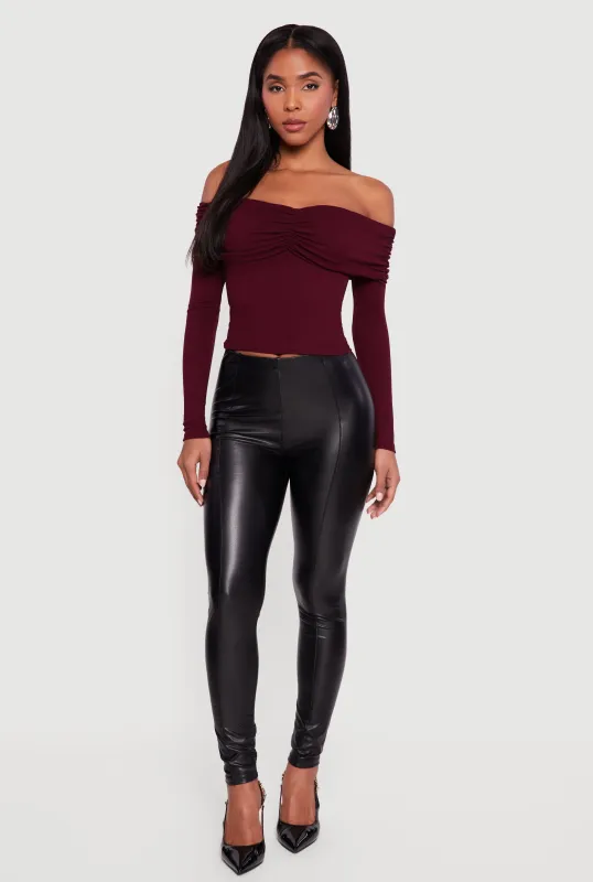 Ruched Fold Over Long Sleeve Off the Shoulder Top sold by Rainbow