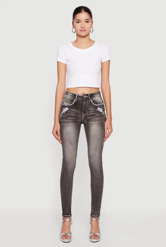 Whiskered Skull Pocket Design Skinny Jeans sold by Rainbow