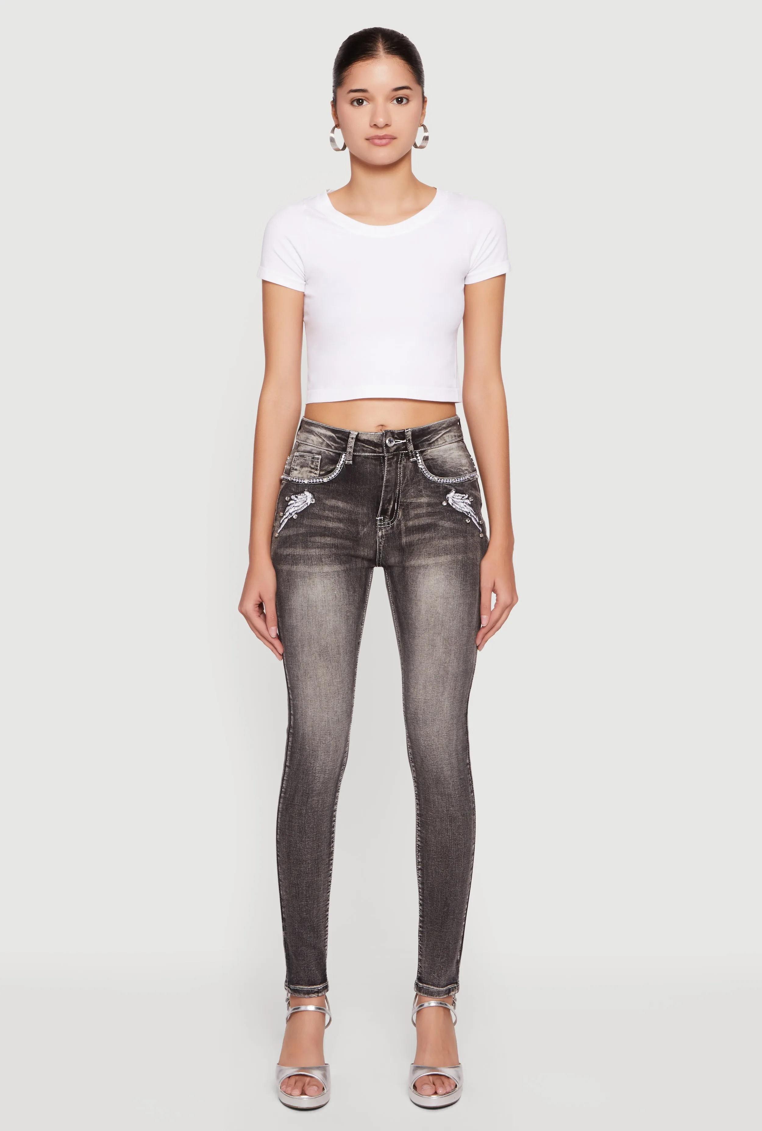 Whiskered Skull Pocket Design Skinny Jeans sold by Rainbow