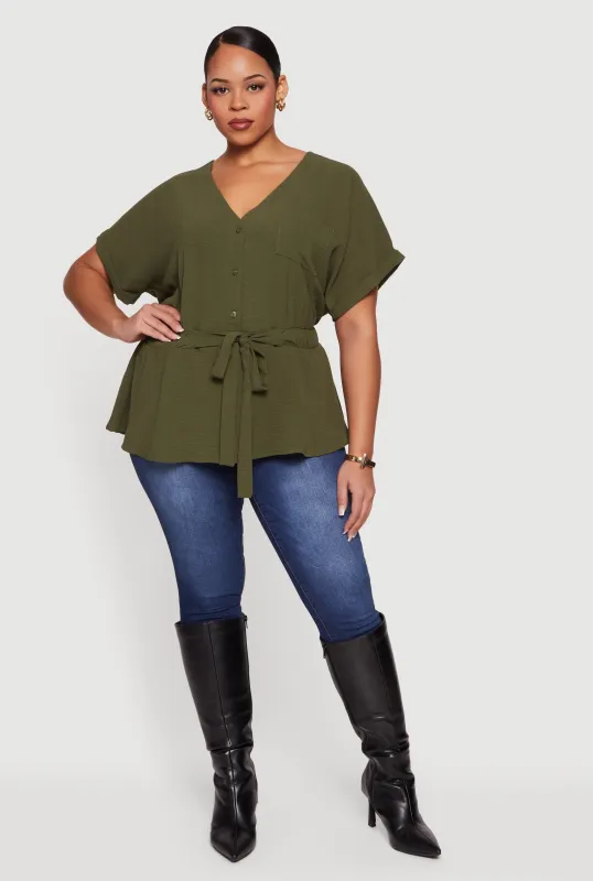 Plus Size Crepe Knit Half Button Front Tie Waist Top sold by Rainbow