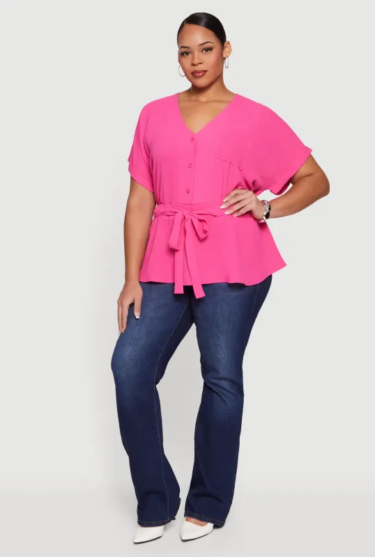 Plus Size Crepe Knit Half Button Front Tie Waist Top sold by Rainbow