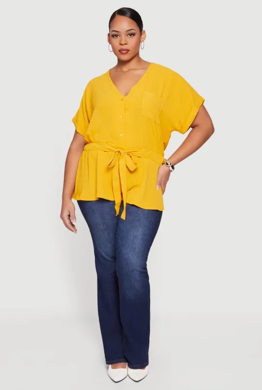 Plus Size Crepe Knit Half Button Front Tie Waist Top sold by Rainbow