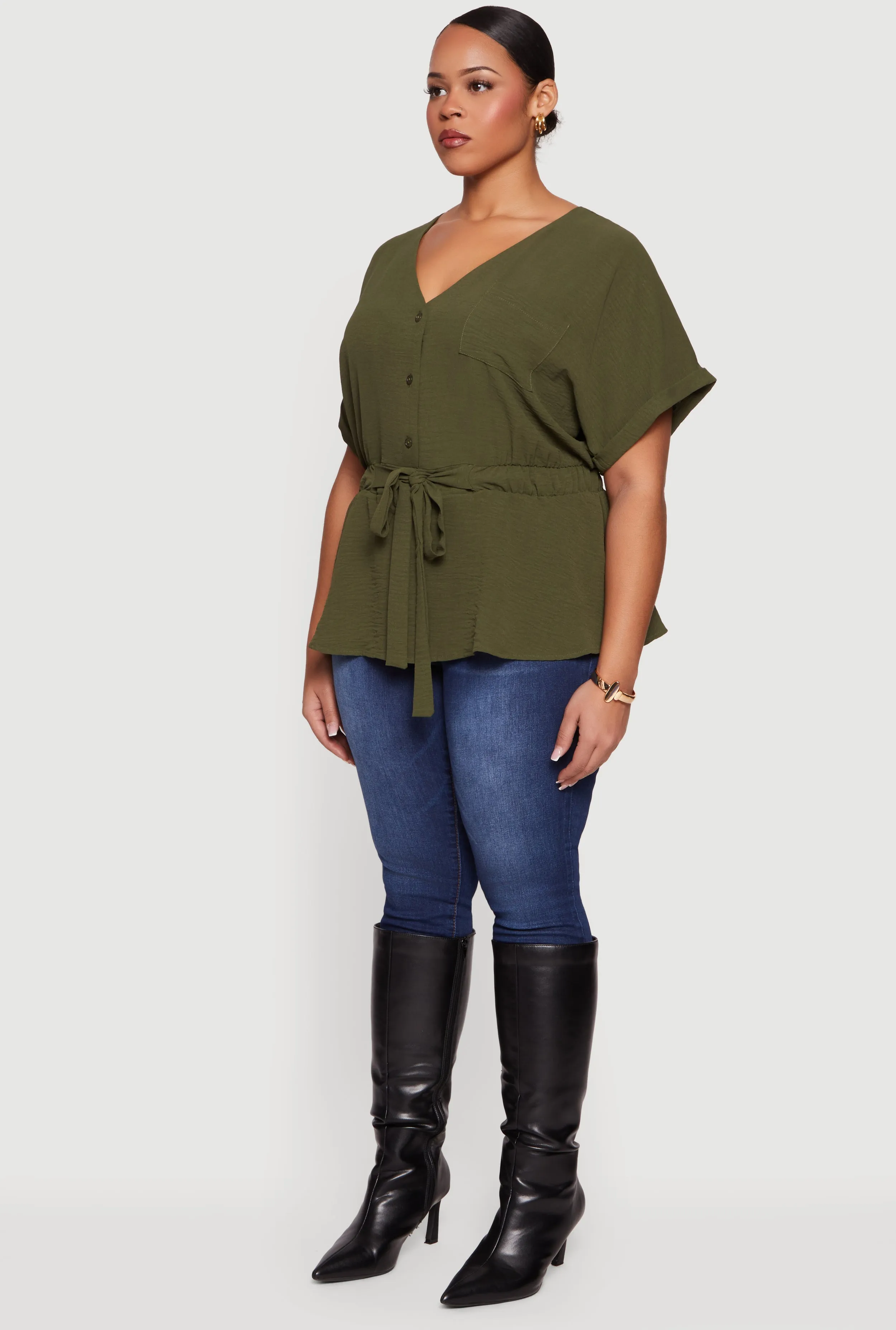 Plus Size Crepe Knit Half Button Front Tie Waist Top sold by Rainbow product image thumbnail 5