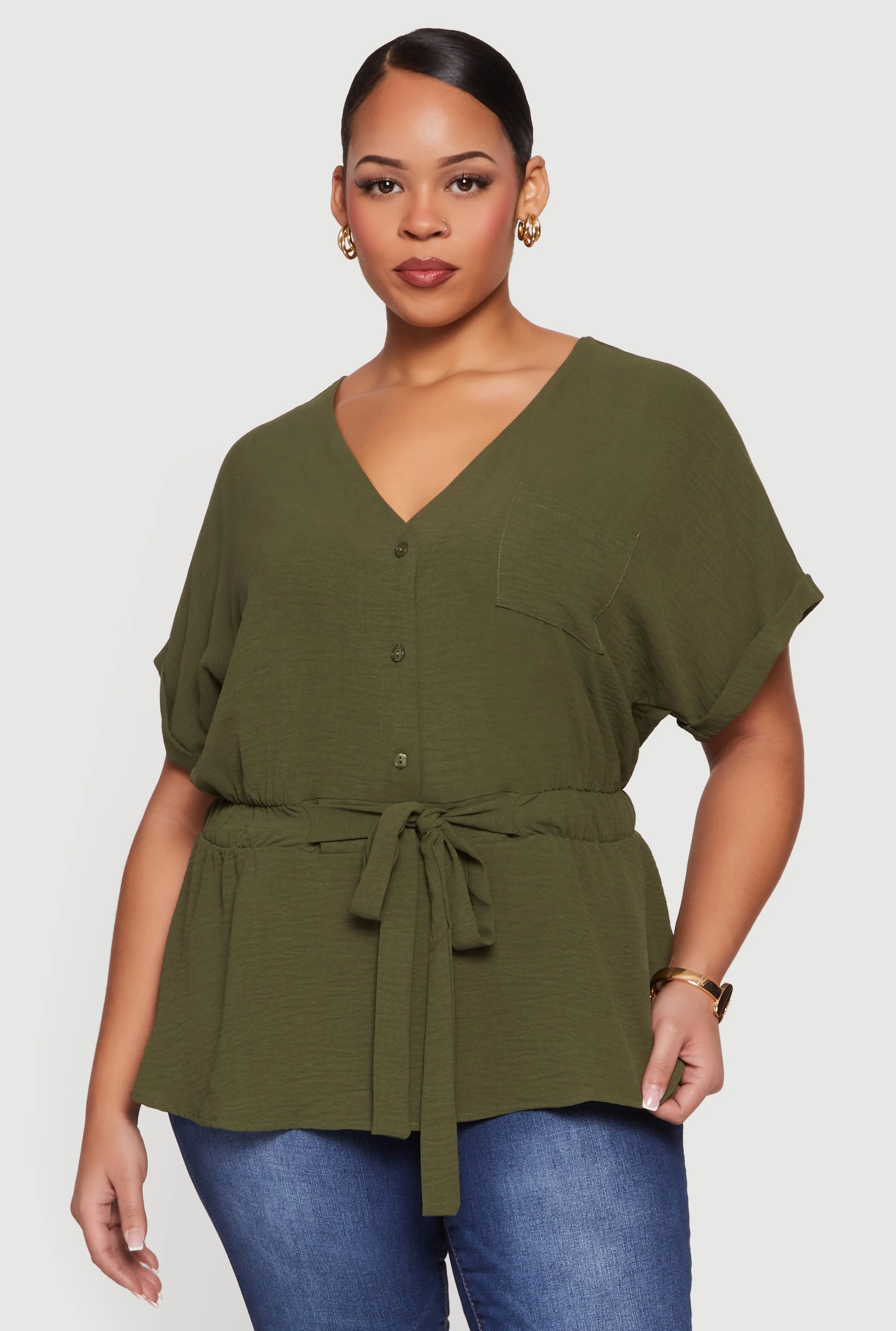 Plus Size Crepe Knit Half Button Front Tie Waist Top sold by Rainbow product image thumbnail 2