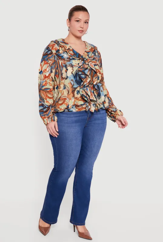 Plus Size Ruffle Trim Printed Pattern V Neck Blouse made by Rainbow
