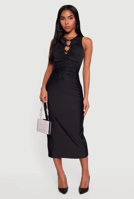 Metallic Bead Detail Ruched Front Midi Dress sold by Rainbow