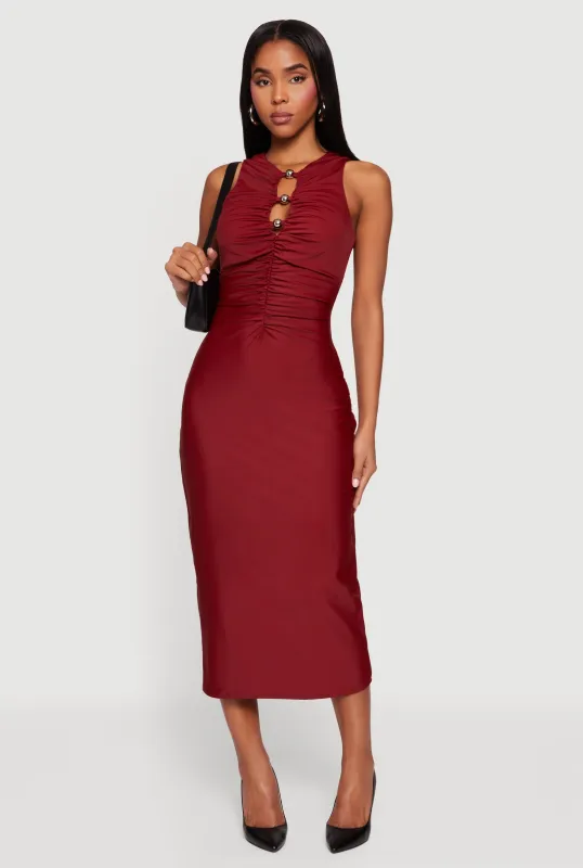 Metallic Bead Detail Ruched Front Midi Dress sold by Rainbow