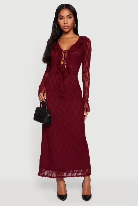 Plunge Ruffle Trim Lace Overlay Maxi Dress sold by Rainbow