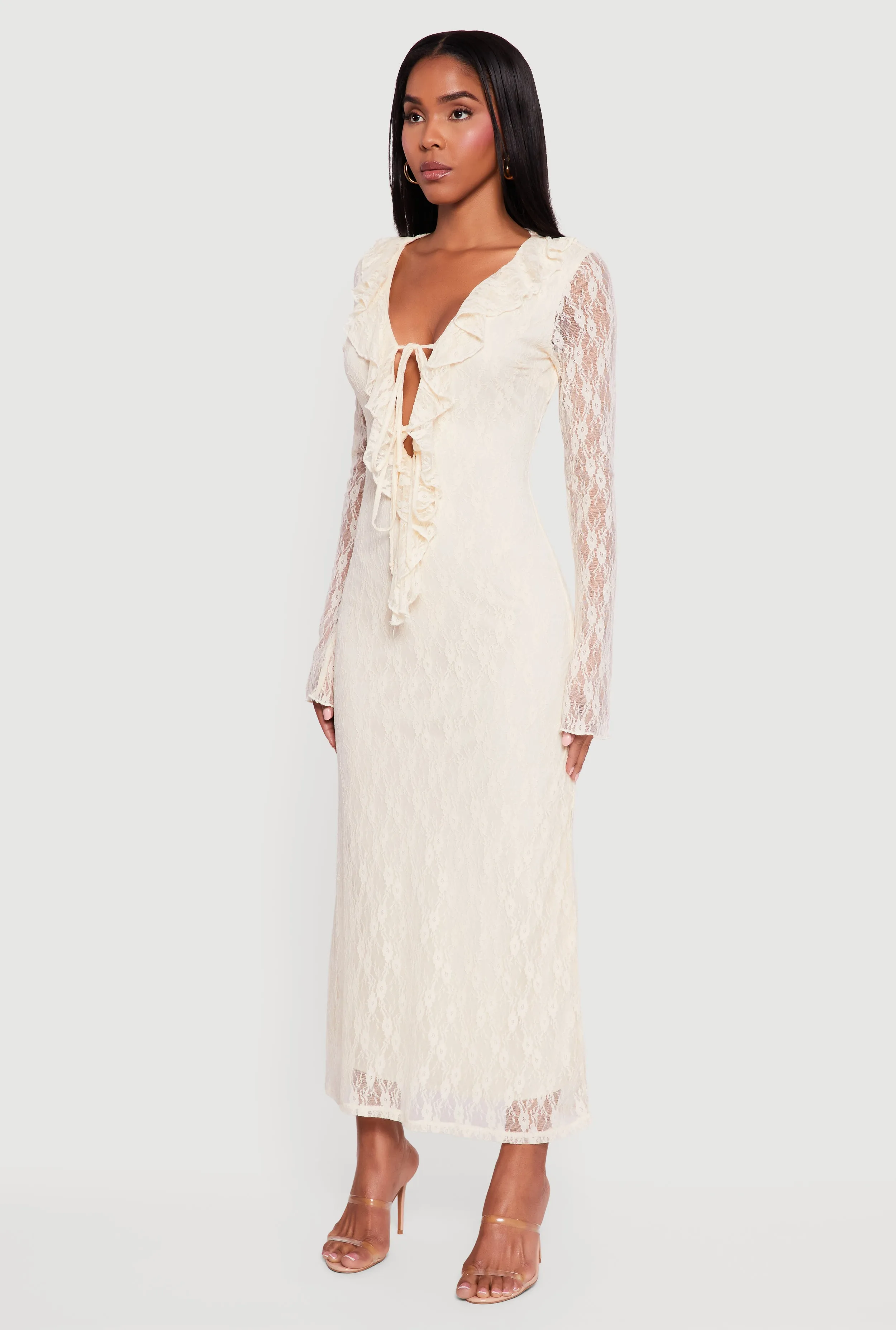 Plunge Ruffle Trim Lace Overlay Maxi Dress sold by Rainbow product image thumbnail 3