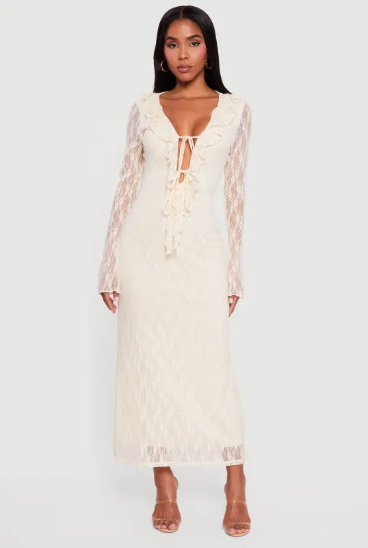 Plunge Ruffle Trim Lace Overlay Maxi Dress sold by Rainbow