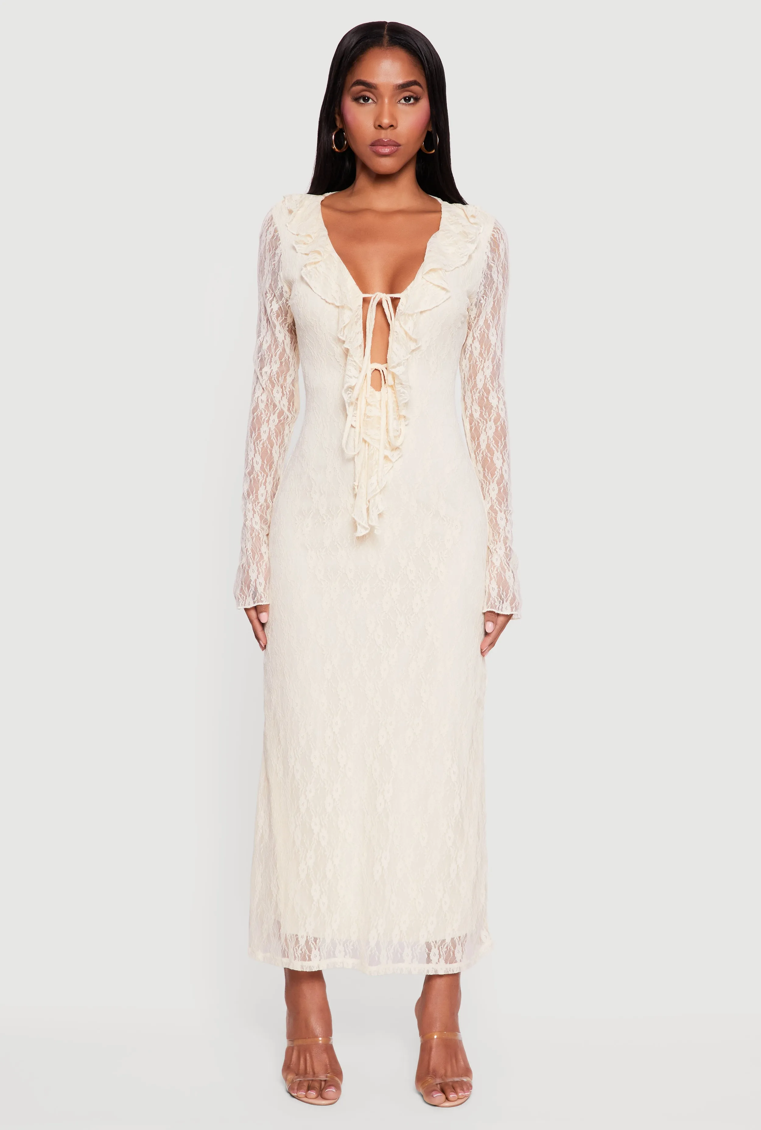 Plunge Ruffle Trim Lace Overlay Maxi Dress sold by Rainbow product image thumbnail 2