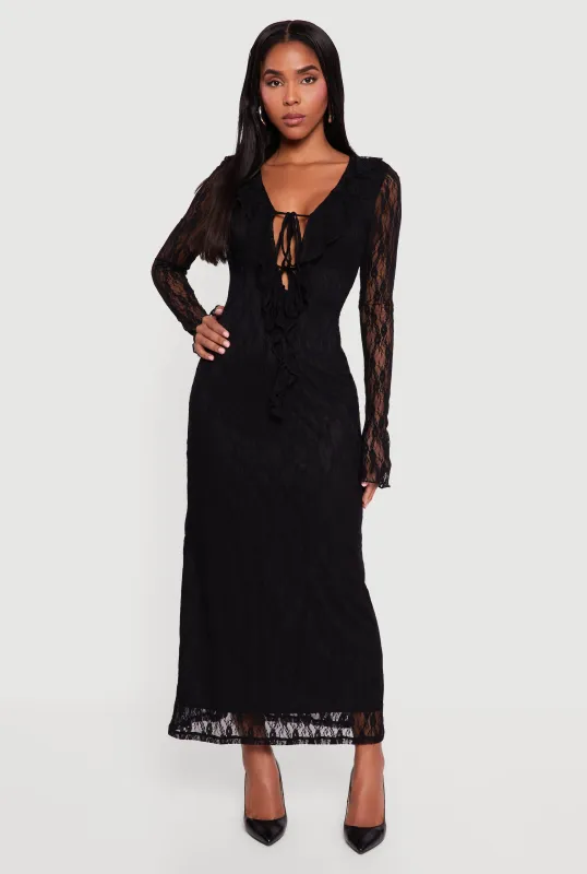 Plunge Ruffle Trim Lace Overlay Maxi Dress sold by Rainbow