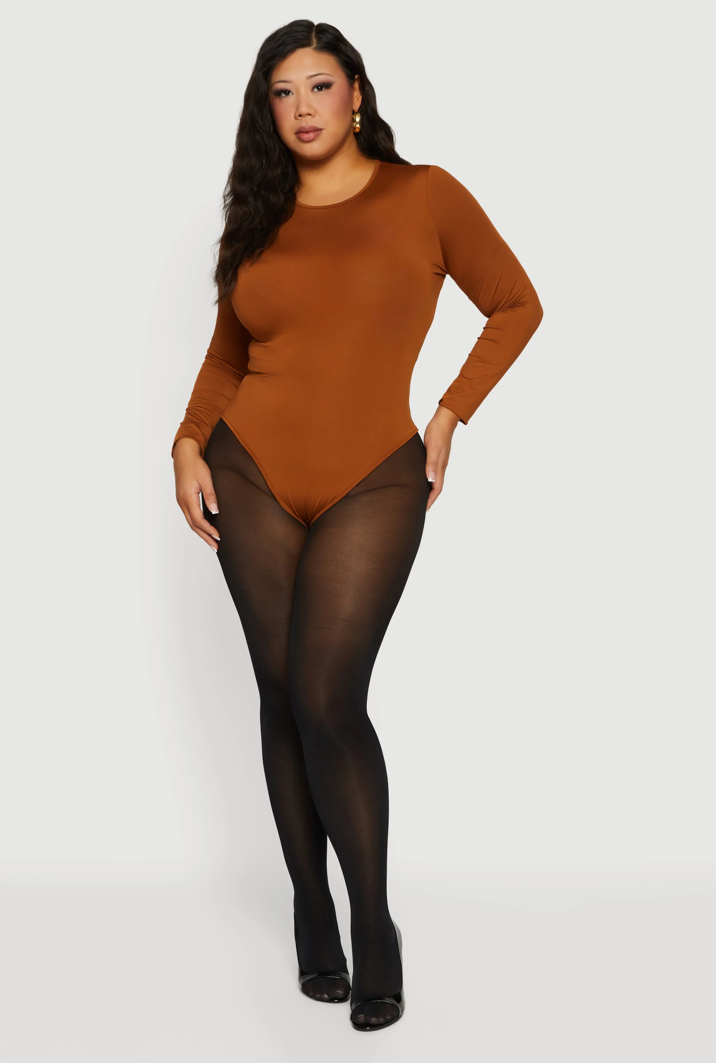 Plus Size Long Sleeve Solid Crew Neck Bodysuit sold by Rainbow