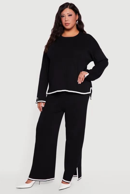 Plus Size High Waisted Wide Leg Pants with Contrast Trim sold by Rainbow