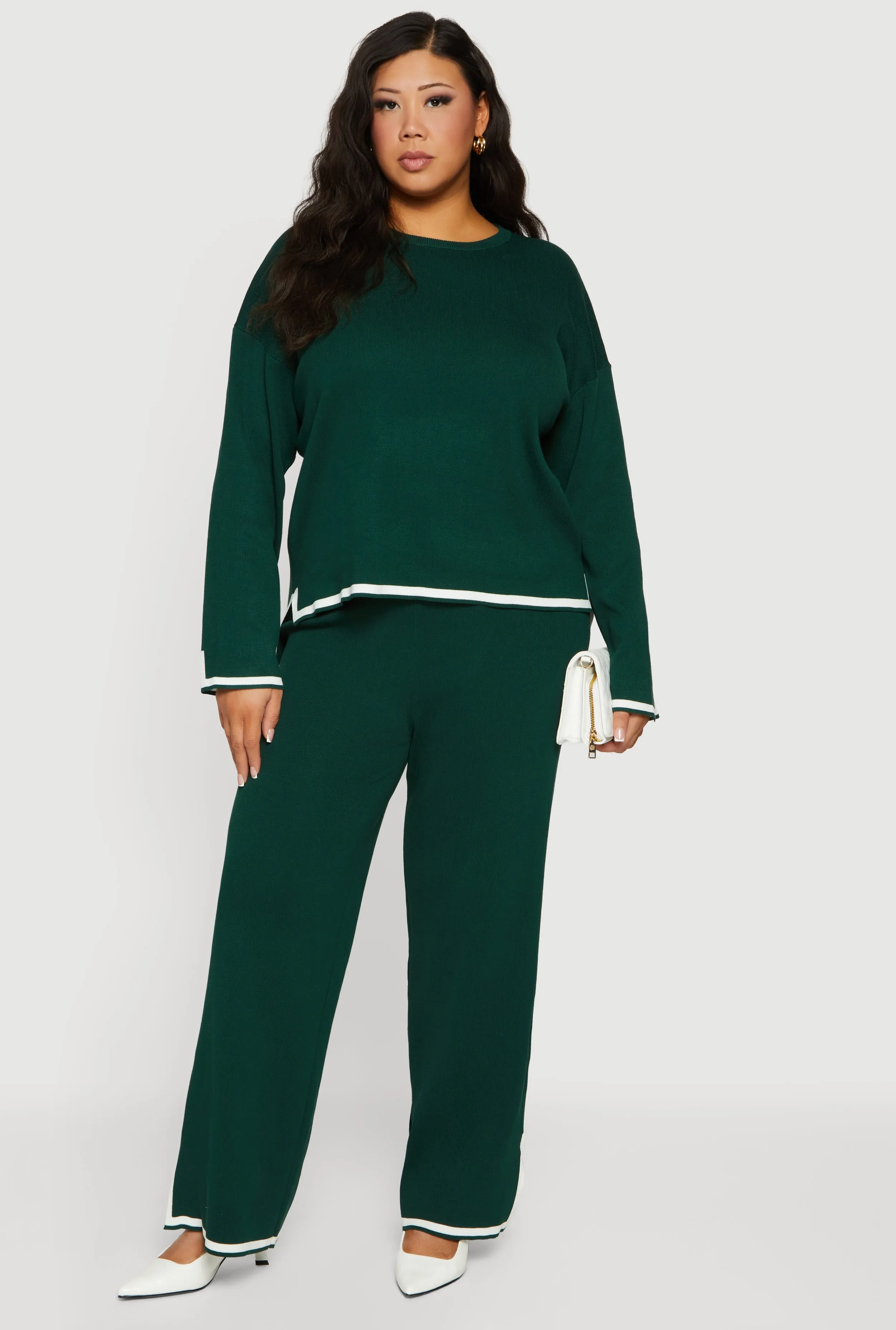 Plus Size High Waisted Wide Leg Pants with Contrast Trim sold by Rainbow