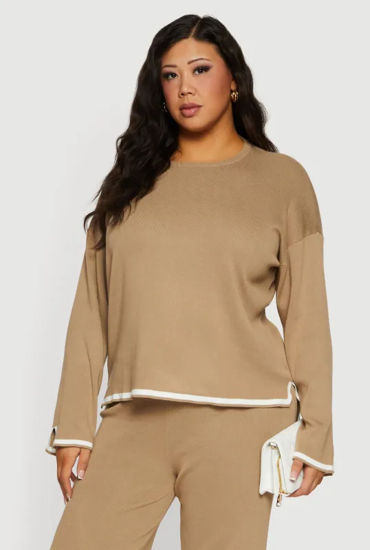 Plus Size Long Sleeve Contrast Trim Sweater made by Daisy